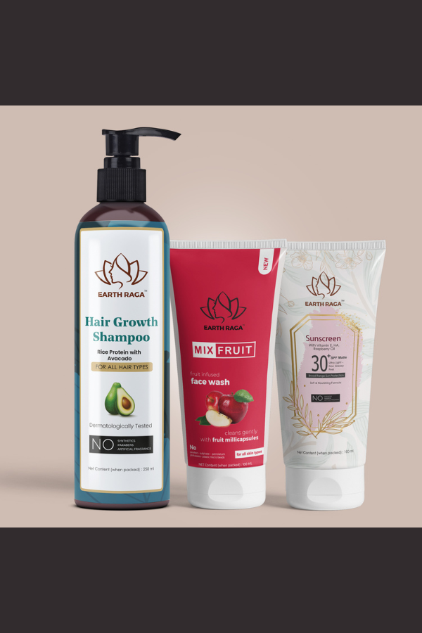 Hair Growth Shampoo, Mix Fruit Face Wash and Vitamin E, Hyaluronic Acid (HA) & Raspberry Oil Sunscreen - Super Saver Pack